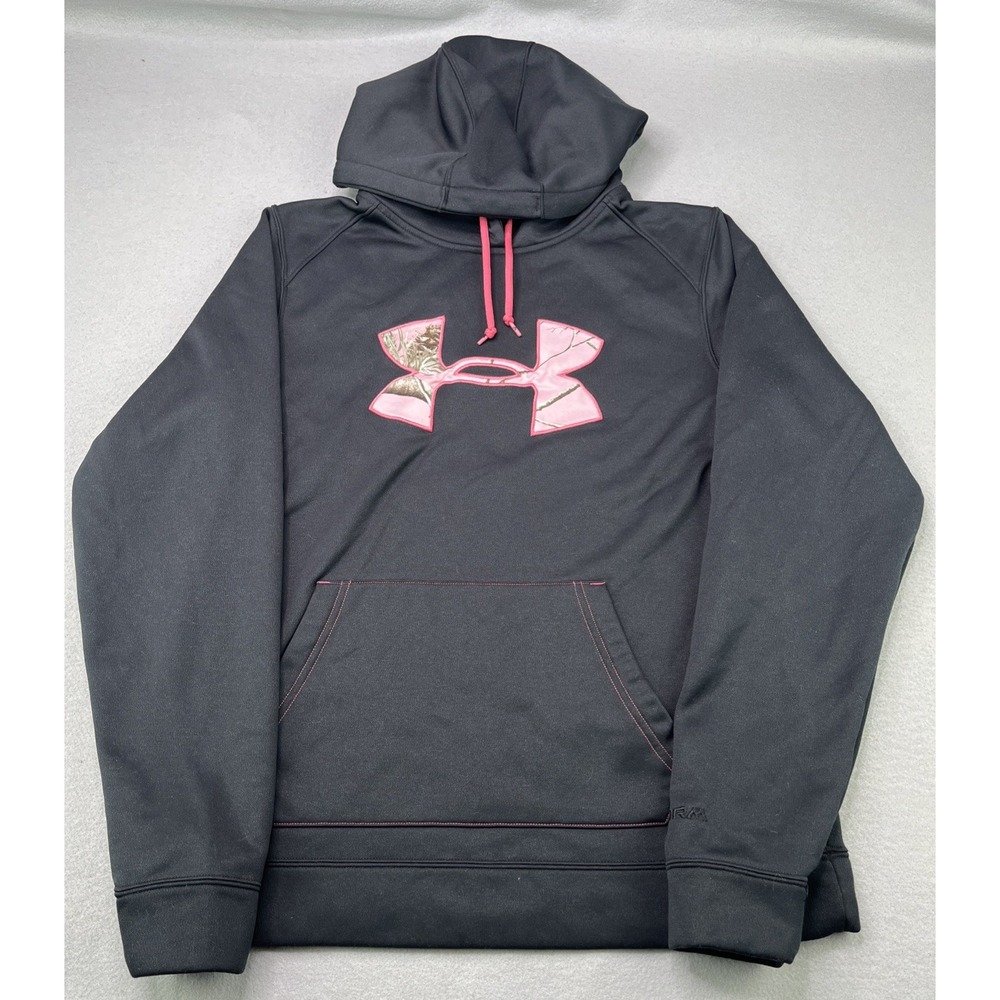 Under Armour Hoodie Womens Small Black Camouflage Embroidered Fleece Loose